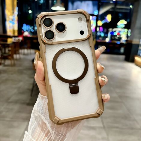 (Marron, iPhone 15 Plus) Étui robuste en métal avec support magnétique, antichoc et anneau en verre pour objectif de caméra.