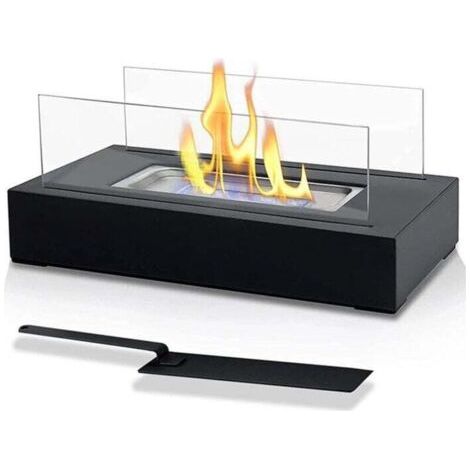 Cheminée bioéthanol,Cheminée Éthanol de Table - Portable,Réctangulaire, Noir, en Acier Inoxydable, 2 Panneaux en Verre, pour Intérieur/Extérieur - Poêle Bioéthanol, à Poser au Sol, Mobile