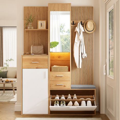 Modernluxe - Ensemble vestiaire d'entrée - Meuble à chaussures et banc - Avec miroir et crochets - Avec LED et 3 tiroirs - Blanc et naturel (1/5)