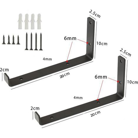 (20 cm - 2 pièces) Supports d'étagère muraux noirs en forme de L avec vis (20 cm) (1/5)