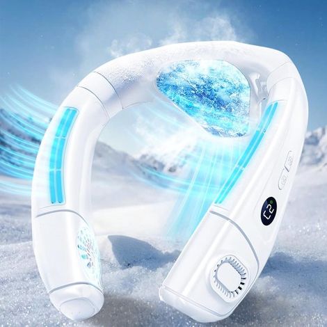 Ventilador de cuello portátil con gran placa de enfriamiento de hielo,6000 mAh,recargable por USB,enfriamiento de 360°,blanco (1/5)