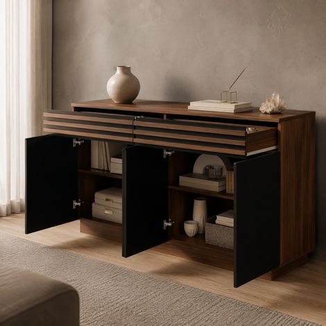 Aparador 150 x 40 x 85 cm en MDF aspecto madera marrón y negro, 2 cajones y 4 puertas HAVRYA (1/5)