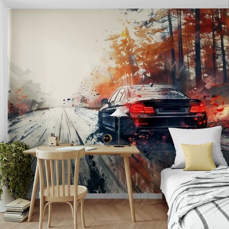 Papier Peint Voiture – Drift Forêt Aquarelle - 150 x 250 cm (1/2)