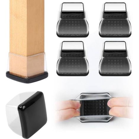 Chair leg covers, 16 pcs square transparent silicone floor protectors for chair legs, 36-56mm chair glides for carpet, Teflon sliders and thermoplastic elastomer combination (1/5)