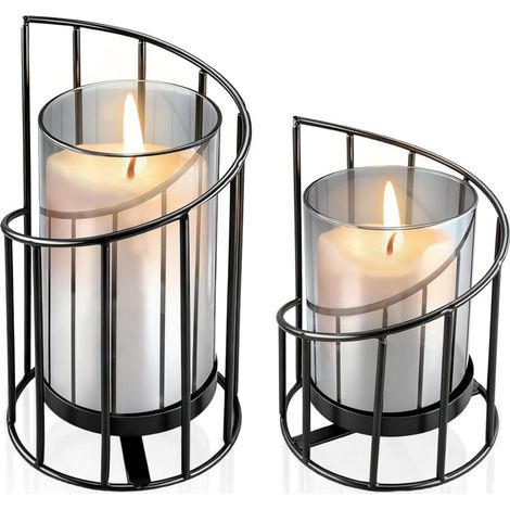 (Black) Set of 2 Modern Black Tealight Holders, Metal Candlesticks with Cylinder for Pillar Candles, Elegant Decoration for Living Room, Table, Bathroom, Garden (1/4)