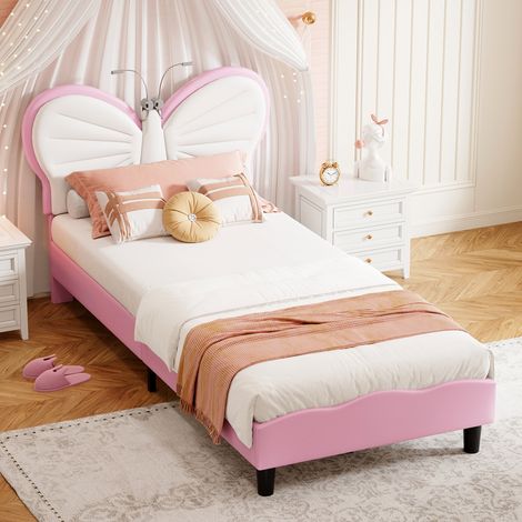 Lit enfant fille 90x190 cm - Tête de lit papillon rose en velours confortable - réglable en hauteur - 2 lampes LED de lecture - Sommier à lattes - Parfait pour chambre de princesse