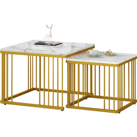 Lot de 2 tables basses carrées effet marbre brillant, gigognes, pieds dorés réglables, 60×60×45 cm et 45×45×40 cm, blanc, salon moderne CHICFURN (1/5)