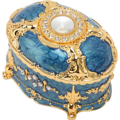 Boîte à bijoux ovale strass, coffret rangement pour colliers, bagues et boucles d'oreilles vintage, finition dorée et bleu royal (1/5)