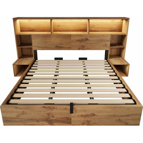 Cama con arcón 180x200 cm efecto roble con LED, USB-C y mesitas integradas - MODENUIT (1/5)