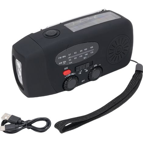 Ortviai Radio AM/FM Portable d'Urgence avec Manivelle, Panneau Solaire, Lampe LED et Alarme SOS, Batterie 5000 mAh, Noir (1/5)