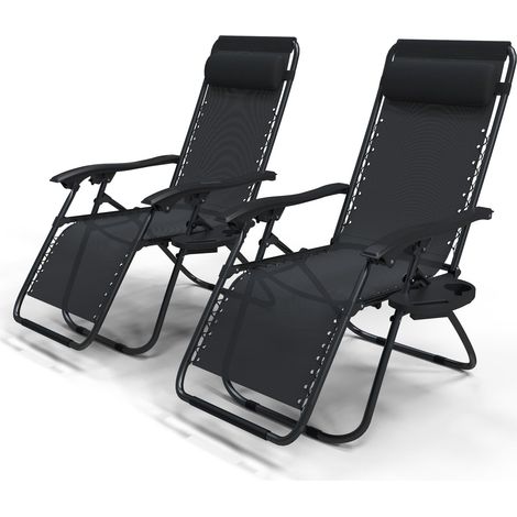 VOUNOT® 2er-Set Liegestuhl Klappbar, Relaxstuhl Garten mit Getränkehalter und Kopfpolster, Schwarz