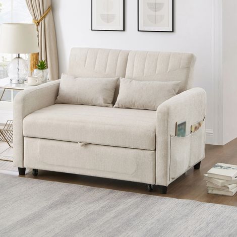Divano letto a 2 posti 166x95x46.5 cm, con schienale regolabile a 3 posizioni, tessuto cotone e lino, beige (1/5)