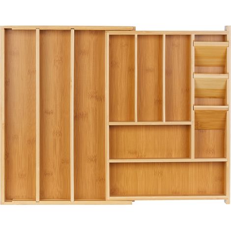 Relaxdays Cutlery Tray, Extendable, 8-11 Compartments, HxWxD: 5.5x32-54x42 cm, Bamboo & MDF, Drawer Organiser, Natural (1/5)
