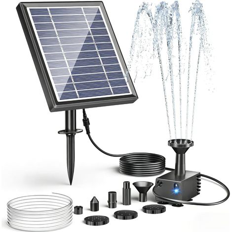 Fontaine solaire pour oiseaux, pompe à eau solaire 3W avec tuyau de 1,2 m, 5 buses, fontaine solaire pour extérieur, petits bassins, jardin (1/5)