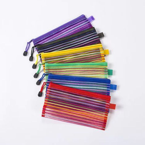 Paquet de 12 sacs à documents en maille de nylon avec fermeture éclair, rayures croisées colorées, imperméables, adaptés aux fournitures de bureau et scolaires, durables et portables. (1/4)