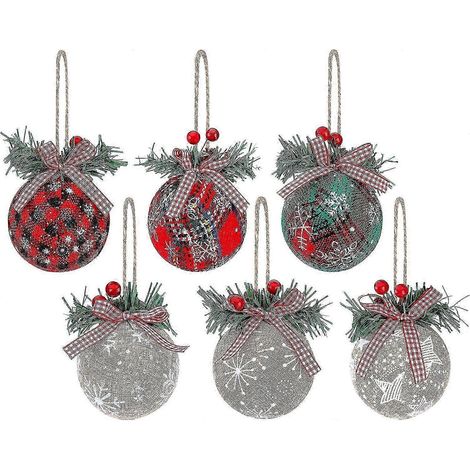 Lot de 6 boules de Noël décoratives, boules à carreaux en toile de jute, décorations pour sapin de Noël, boules à suspendre pour les fêtes de Noël et les mariages. (1/4)