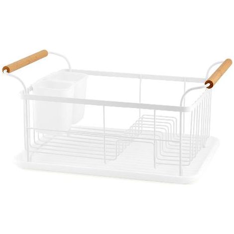 Égouttoir à Vaisselle en Métal Blanc et Poignées Bois