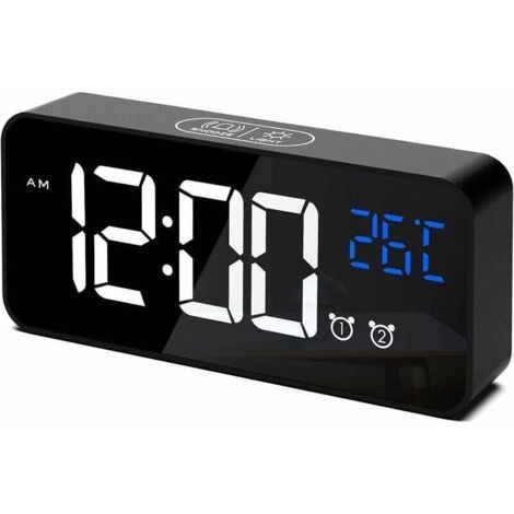 Réveil Numérique, Horloge Numérique LED Horloge Digitale Réveil Aver Température/Snooze/ 2 Alarme/12/24 Heures/Port de Recharge USB/16 musiques (Noir) (1/4)