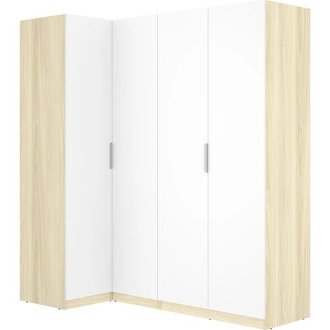 Armadio angolare 4 ante L188cm Bianco e naturale chiaro - KALONY (1/4)