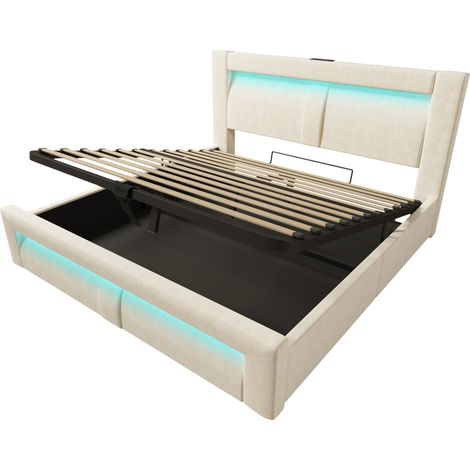 Stauraumbett 160x200 cm aus beigefarbenem Samt mit LED, USB-C, USB und App, ohne Matratze (1/5)
