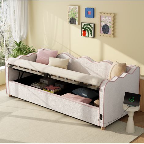 REDOM - Letto singolo 90x200 cm con contenitore idraulico, tessuto circolare beige (Senza materasso) (1/5)