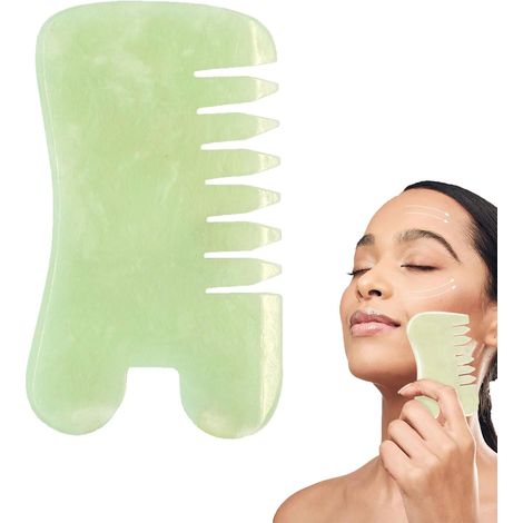 Peigne Gua Sha En Pierre De Jade - Massage Visage Cuir Chevelu Cou Dos - Outil Bien-être Naturel - 1 Pièce (1/5)