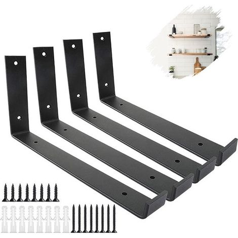 Set di 4 staffe per mensole, ferramenta inclusa, supporti in metallo per montaggio a parete, mensole galleggianti in ferro battuto da 20 cm, colore nero. (1/4)