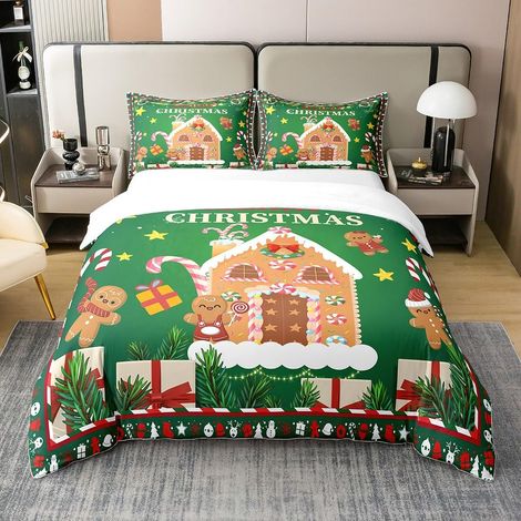 Enfants Noël Coton Housse de Couette 140x200cm Pain d'épice mâle Parure de lit garçon Fille Adolescent Noël thème Literie Set Cookie House Housse de Couette Chambre à Coucher Ensemble - 140 x 200 cm + (1/5)