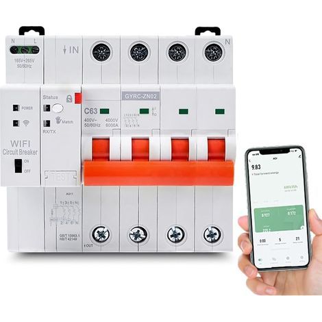 Disjoncteur Différentiel 63A, Tuya Disjoncteur WiFi Intelligent Interrupteur Wifi Avec Protection de réenclenchement, Protection Contre les Surtensions et les Sous-tensions 400V 4P