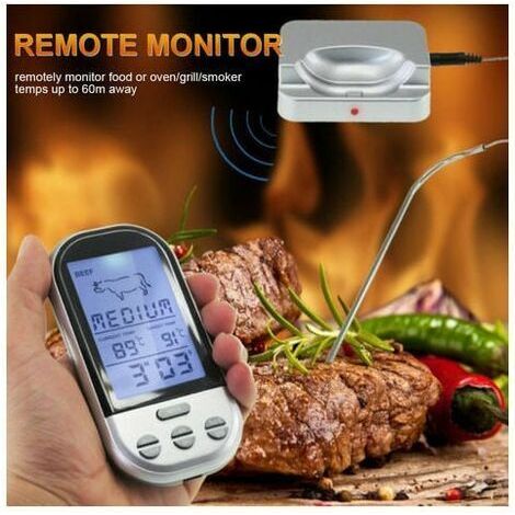 Thermomètre à viande numérique sans fil avec télécommande, thermomètre alimentaire, adapté au poisson, à la viande, aux fumoirs, aux barbecues, etc., conception étanche, convient pour les grillades. (1/4)