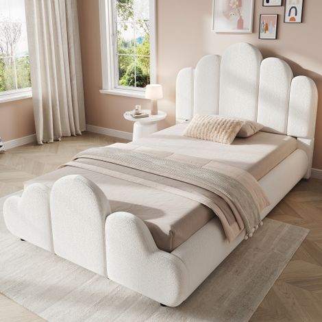 Letto imbottito, letto singolo, letto per bambini 90 x 200 cm, letto con testiera imbottita, angoli arrotondati, bouclé, beige (1/5)