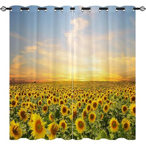 Rideaux Tournesols - Imprimé Occultants Thermiques (Décor Champ Fleuri & Feuillage) pour Salon/Chambre avec Œillets - 2 Panneaux L75 x H166cm - 75L X 166H cm (2 Panneaux) (1/5)