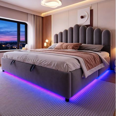 Cama tapizada con almacenaje hidráulico (209x185.5x111 cm), cabecero acolchado, LED, terciopelo gris (1/5)