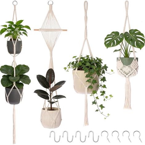 Macramé Plant Hanger, Lot de 4 suspensions en Corde de Coton, macramé bohème pour Jardin intérieur extérieur Balcon terrasse et fenêtre (Pot de Fleurs Non Inclus) (1/5)