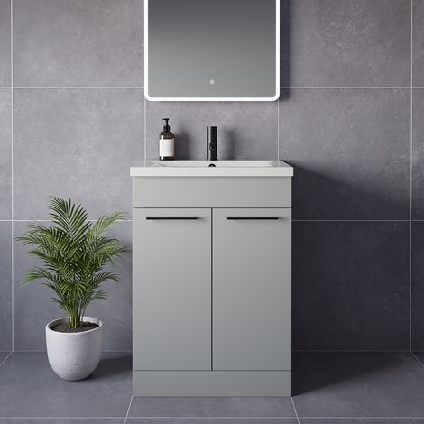 Napoli 460 Gloss Grey Pearl 600mm 2 Door Vanity Unit with Glide Basin - 600mm - Matt Black 160mm Handle