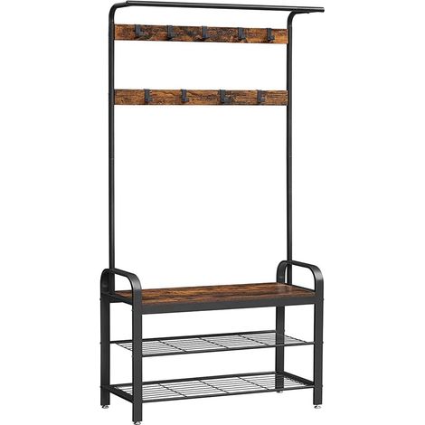 Perchero recibidor mueble de entrada con ganchos extraíbles banco y zapatero longitud 84 cm estructura de metal estilo industrial marrón rústico y negro 120002689 (1/2)