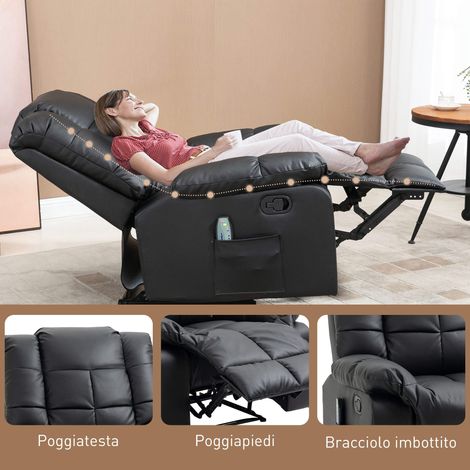 Fauteuil de relaxation massant 8 points, inclinaison à 165°, similicuir noir, dossier inclinable (1/5)