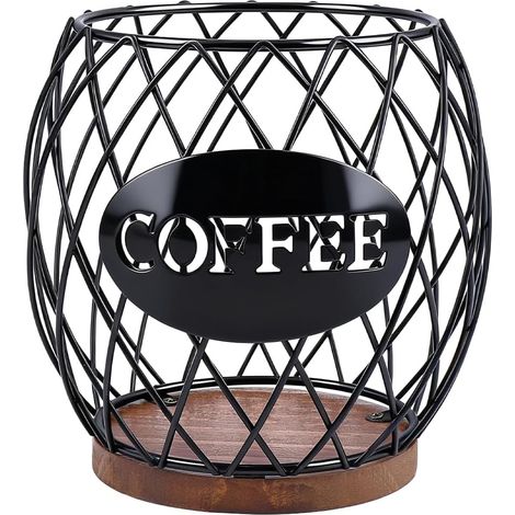 Organisateur de Dosettes de Café 1 Pièce Noir Panier de Rangement de Dosettes de Café en Fer avec Base en Bois (1/5)