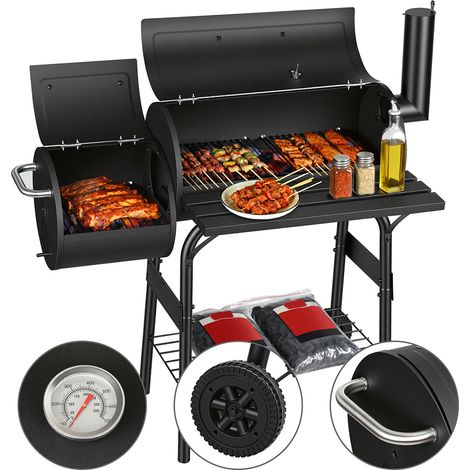 Randaco Barbacoa de carbón negra, estación de parrilla con ruedas y 2 cámaras, carro BBQ exterior con 2 ruedas e indicador de temperatura