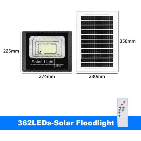 Projecteur solaire LED (362 LED) compatible avec les éclairages extérieurs de jardin, étanches et lumineux pour escaliers et murs. Intensité lumineuse réglable, minuterie et télécommande. (1/5)