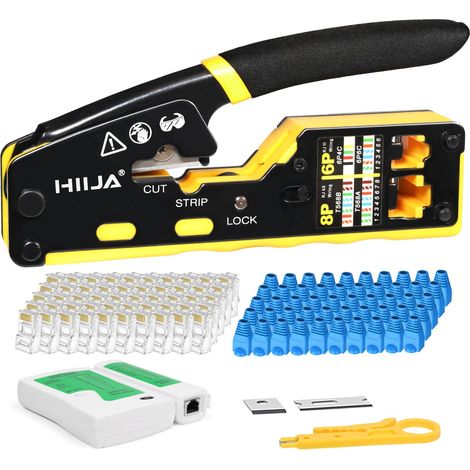 Pince a Sertir RJ45, Pince à Sertir pour Conectores RJ45/RJ11/RJ12, Kit RJ45 avec 50 x 8P8C Conectores Cat6, Testeur de Câble (1/5)