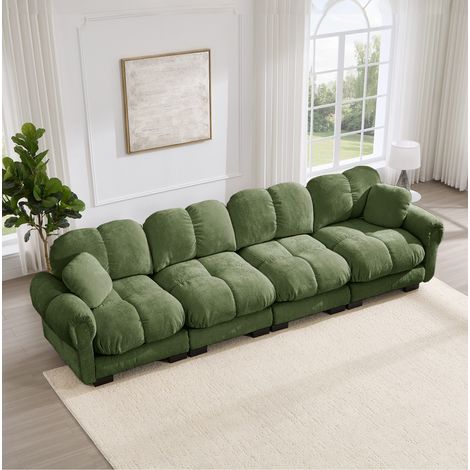 Divano modulare verde in ciniglia, 330 x 86 x 90 cm, schienale ergonomico e braccioli eleganti (1/5)