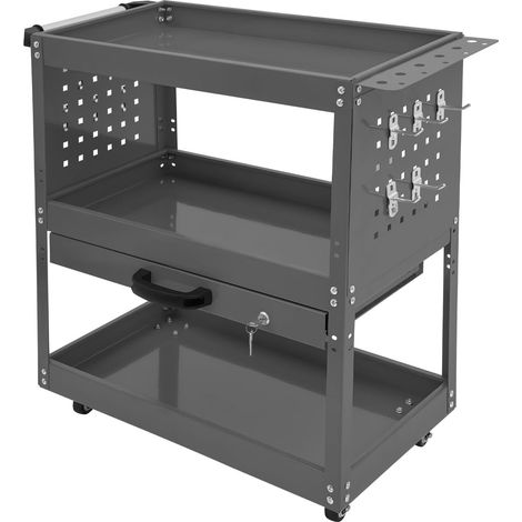 Chariot d'atelier avec roulettes, 3 niveaux et 1 tiroir en acier Q235 et plastique, gris rectangulaire avec 4 roulettes pivotantes (2 avec frein), charge totale de 249,47 kg, pour voiture, jardin et (1/5)