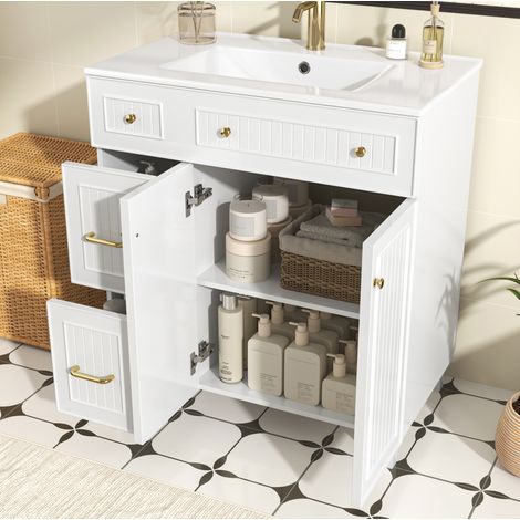 Meuble sous-vasque avec vasque en céramique 81,7 cm, MDF laqué blanc, REDOM (1/5)