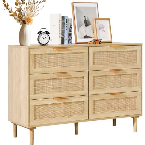 VEVOR 6 Drawer Rattan Dresser, Boho Dresser, Rattan Chest of Drawers with Spacious Storage, Natural Rattan Dresser for Bedroom, Living Room & Hallway,Rattan Nightstand with Sturdy Handles&Legs, Brown (1/5)