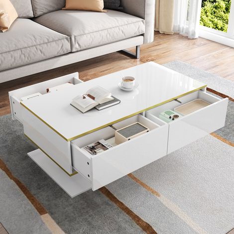LED-Couchtisch 100 x 50 x 40 cm, Hochglanz, 3 Schubladen, Weiß und Gold HAVRYA (1/5)