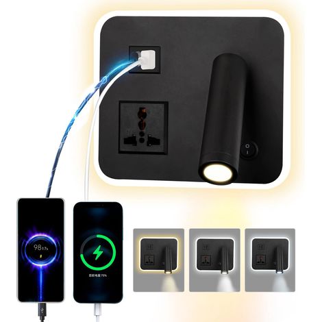 Lampe murale LED pivotante avec prise universelle,USB-C,double interrupteur,gradation tricolore,12W (Carré noir) (1/5)
