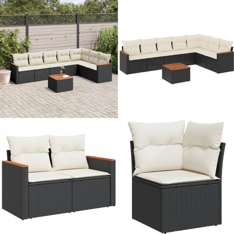 Salon de jardin 8 pcs avec coussins noir résine tressée - Ensemble Salon De Jardin - Mobilier De Jardin - Salon Extérieur - Canapé Jardin - Table Basse Jardin - Home & Living (1/5)