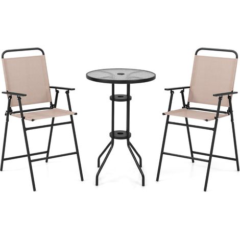 Set bistrot da esterno 3 pezzi, Tavolo bar con 2 sedie pieghevoli piano in vetro temperato foro per ombrellone Beige (1/4)