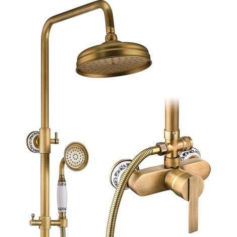 Colonna doccia, Kit doccia in ottone anticato, Doccia completa in stile retrò, Kit doccia con soffione e doccetta, Set doccia regolabile in angolazione e altezza, Colonna doccia color oro senza miscel